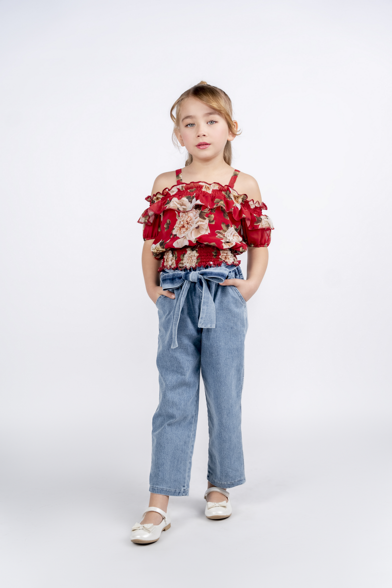 KIZ OMUZ GİPELİ ŞİFON TUNİK-KUŞAKLI KOT PANTOLON 5-8  YAŞ