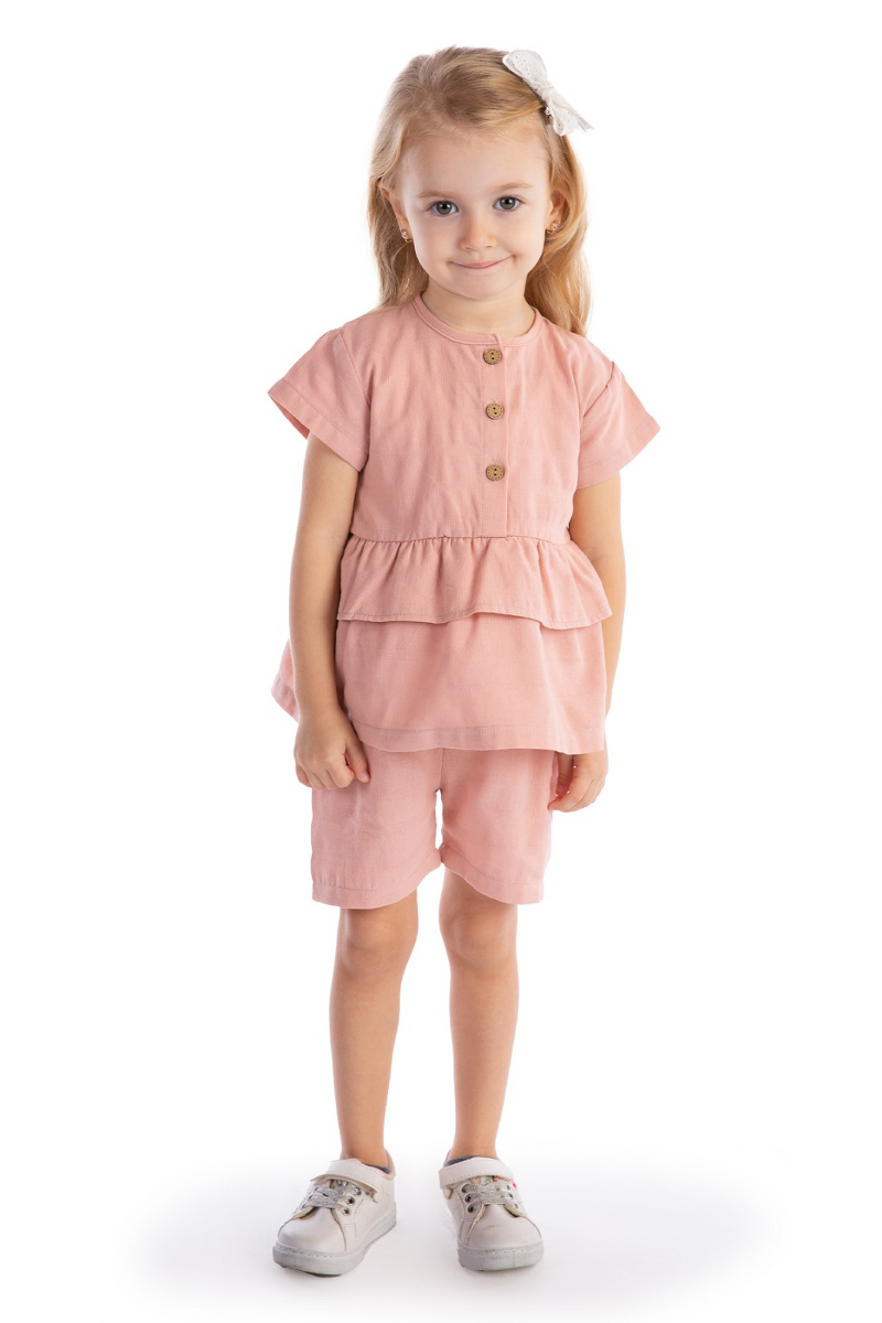 ÖNDEN PATLI FIRFIRLI KARELİ DOKUMA KIZ YAZLIK TAKIM  9-24  AY