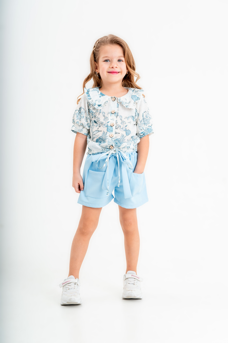 ÇİÇEKLİ FIRFIR YAKA GÖMLEK-KUŞAKLI ŞORT 2-5  YAŞ