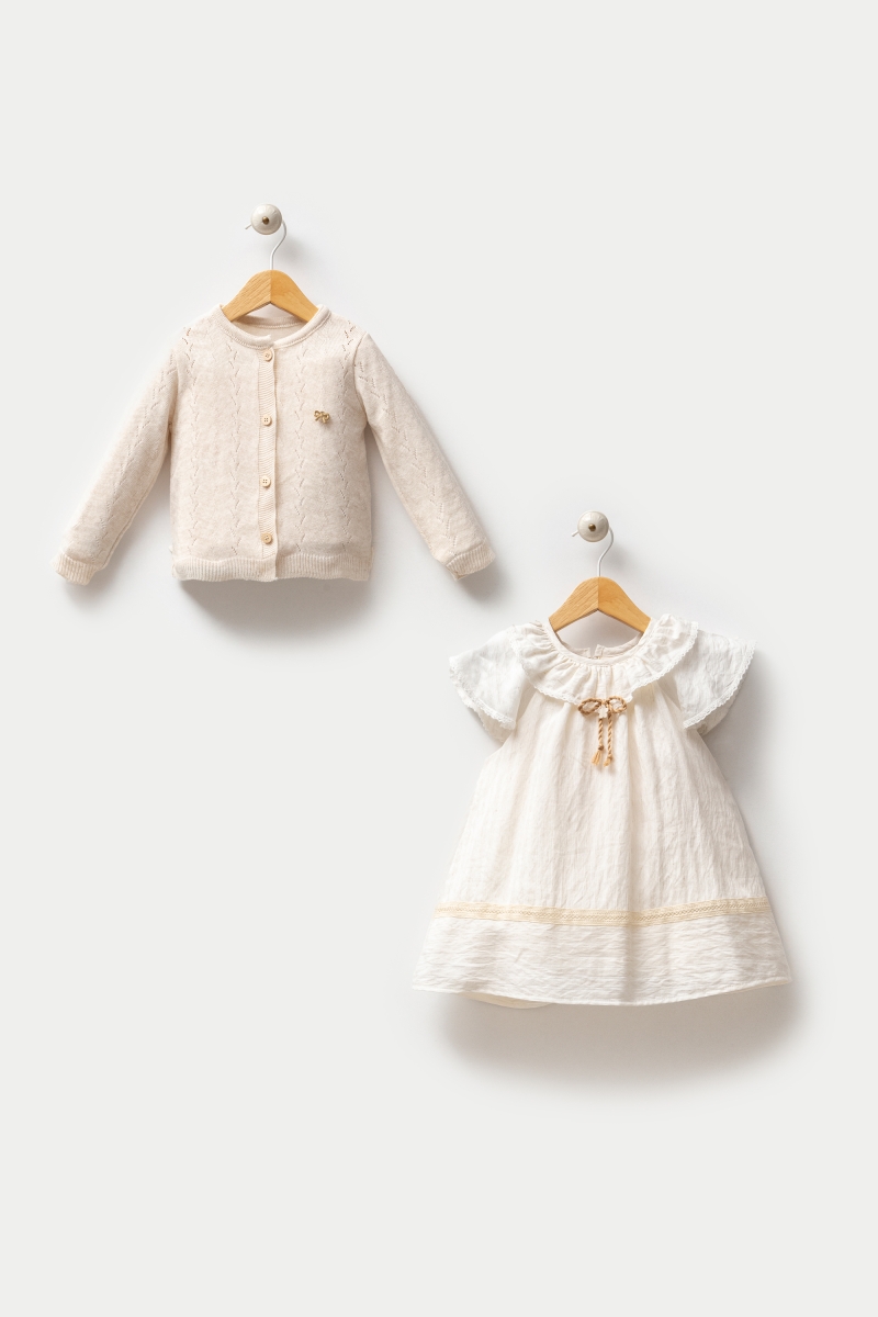 NOYNOY KıZ TRİKO HIRKALI FİSTOLU ELBİSE 2'Lİ TK 6-18  AY