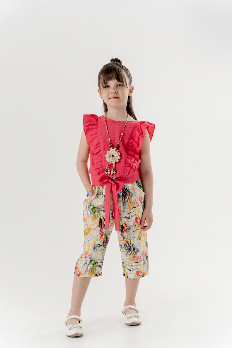 KIZ ÇİFT FIRFIRLI BAĞLAMALI TUNİK-DESENLİ KAPRİ 5-8  YAŞ