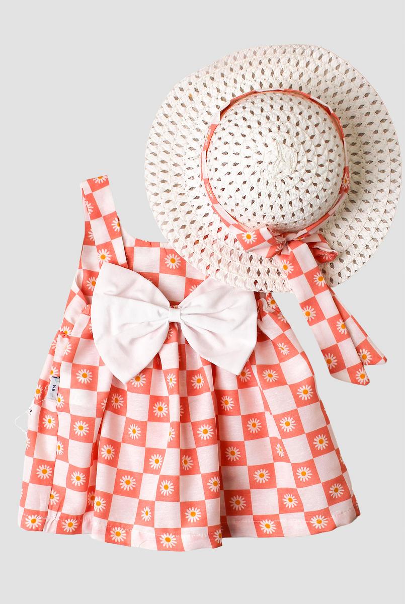 KIZ KARE PAPATYA DESENLİ FİYONKLU ŞAPKALI ELBİSE  6-24  AY